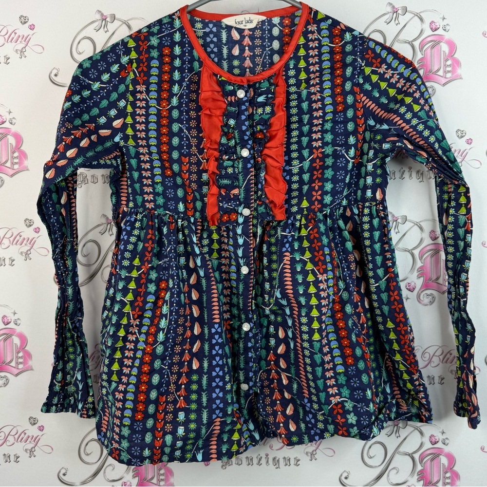 Four Lads 150 blouse shirt buttons flowers navy blue Floral Patterned Blouse